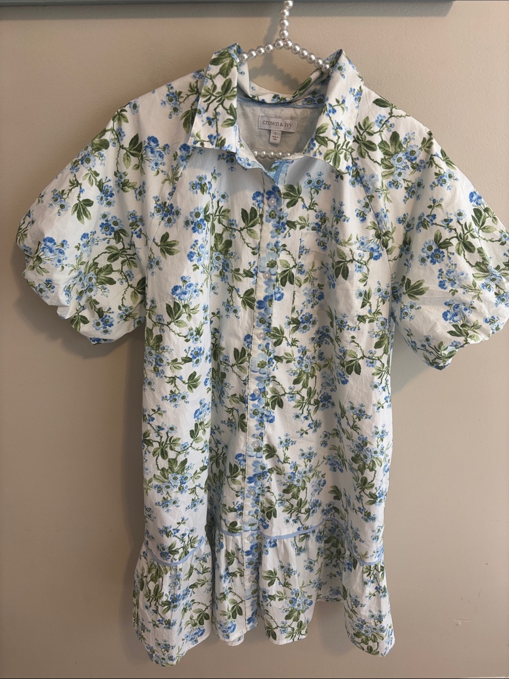 Crown & Ivy Women Large Blue Floral Button Front Shirtdress Puff Sleeve Cotton